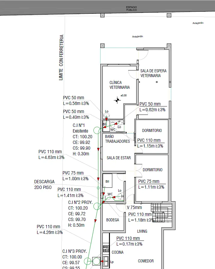 Plano de alcantarillado particular para clínica veterinaria en La Serena