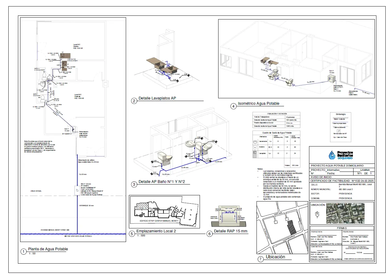 Proyecto de Agua Potable Domiciliario para Local Comercial en Providencia