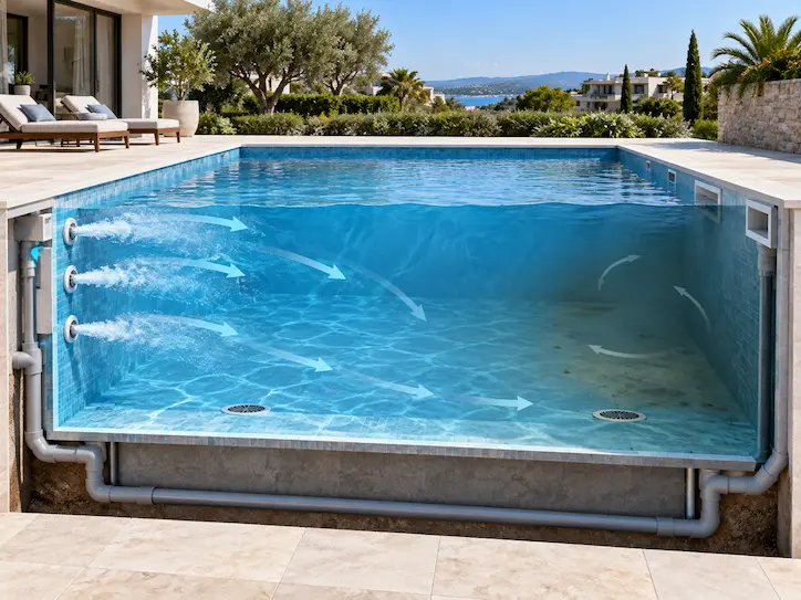 Plano incompleto de sistema sanitario de piscina
