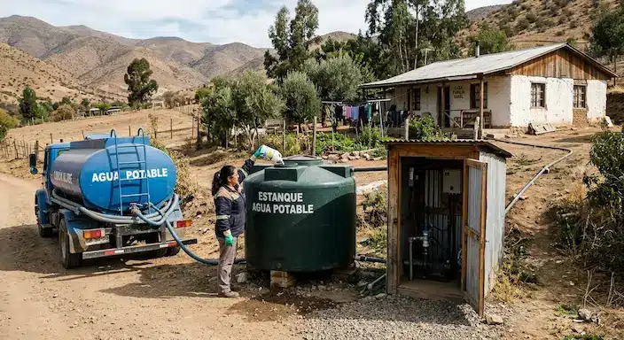 Vivienda rural abastecida mediante camión aljibe y estanque de agua